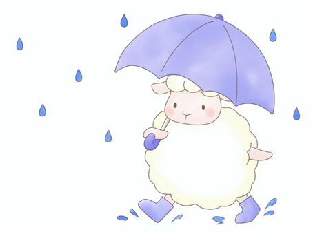 ひつじさんと梅雨 ひつじ,梅雨,雨,雫,傘,レインブーツ,干支,かわいい,ほのぼの,手描きのイラスト素材
