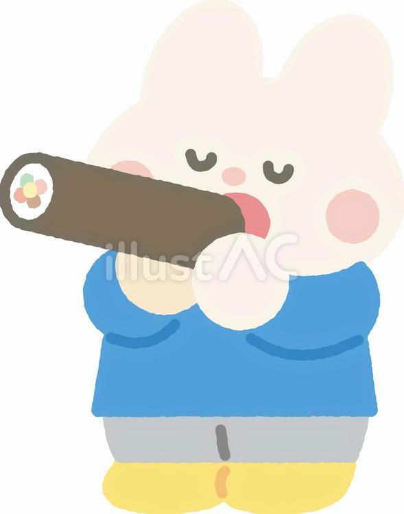 恵方巻きを食べるうさぎ_主線なし 恵方巻き,太巻き,海苔巻きのイラスト素材
