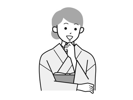 顎に手を当て笑顔の着物女性A／白黒 顎,手,笑顔,女性,お母さん,着物,講師,20代,30代,40代のイラスト素材