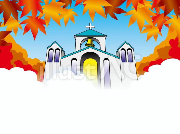 教会の四季（5）秋の昼の紅葉 紅葉,もみじ,葉っぱのイラスト素材