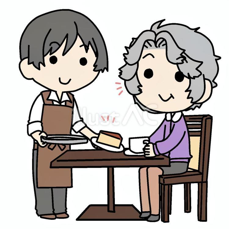 男性店員とおばあさん客 おばあさん,客,喫茶店のイラスト素材