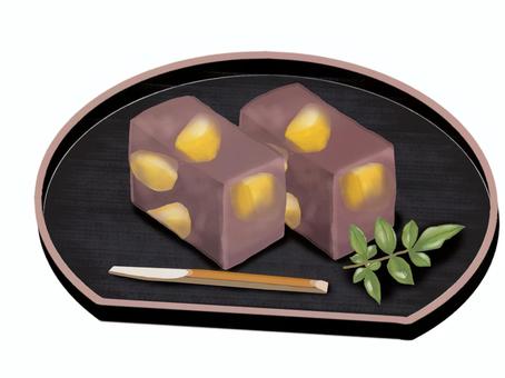栗蒸し羊羹（黒1） 羊羹,蒸し羊羹,栗,菓子楊枝,お盆,小豆,食べ物,和菓子,菓子,おやつのイラスト素材