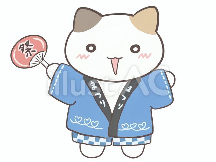 はっぴを着た三毛猫 祭り,うちわ,お祭りのイラスト素材