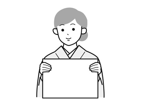 フリップと微笑む着物女性A左向／白黒 フリップ,両手,微笑む,女性,お母さん,着物,講師,20代,30代,40代のイラスト素材