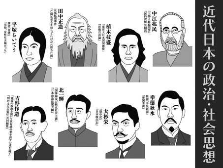 近代日本の政治・社会思想（白黒） 歴史,日本史,政治,社会,思想,自由民権運動,憲法,人権,公害,環境保護のイラスト素材
