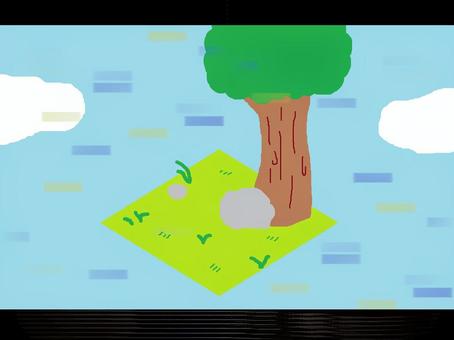 ゲーム画面風背景 ゲーム,背景,草地,雑草,石,木,植物,空,雲のイラスト素材