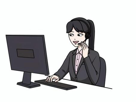 笑顔で対応するコールセンターのスーツ女性 笑顔,コールセンター,オペレーター,スーツ,女性,ol,顧客,若手,ｐc,作業のイラスト素材