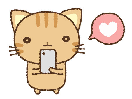 スマホでいいねする猫 猫,ハート,スマホ,いいね,お気に入り,かわいい,ほのぼの,ゆるい,動物,キャラクターのイラスト素材