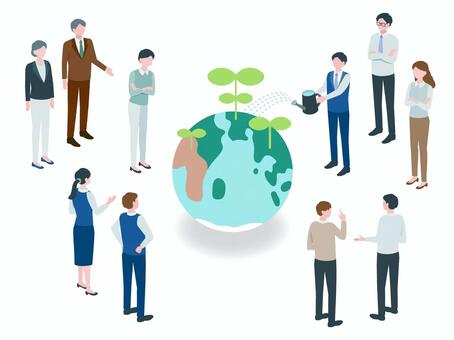 環境活動をする人物と地球 地球,エコ,サステナビリティ,保護,地球温暖化,対策,植物,育てる,グリーン,意識のイラスト素材