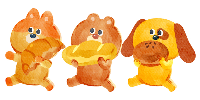 水彩画_パンを運ぶ動物_02 熊,猫,犬,動物,手描き,水彩画,水彩,水彩風,水彩画風,食材のイラスト素材