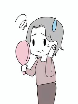 シワを気にする女性 デフォルメ,シンプル,おばあちゃん,シワ,悩み,困り顔,手鏡,透過のイラスト素材