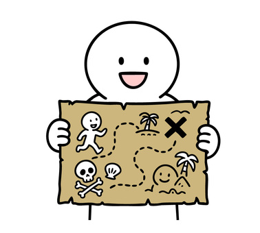 宝の地図をもっている棒人間 宝の地図,笑顔,古地図,棒人間,挿絵,線画,キャラクター,手描き,手書き,イラストのイラスト素材