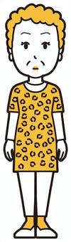  大阪のおばちゃん(黄)-181-全身 ポカン,おばちゃん,大阪,ヒョウ柄,おばはん,中年,女性,関西,派手,おばさんのイラスト素材