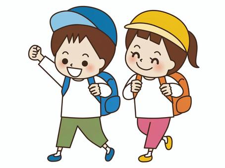 リュックを背負ってお出かけする子供たち 遠足,ピクニック,行楽,子供,リュックサック,帽子,幼児,小学生,男の子,女の子のイラスト素材