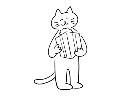 プレゼントを持つ猫１（モノクロ） 猫,プレゼント,贈り物,クリスマスプレゼント,誕生日プレゼント,記念日,暮らし,かわいい,ゆるい,手描きのイラスト素材