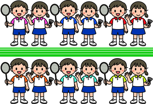 バドミントンの子供たちです。 バドミントン,シンプル,スポーツ,体育,クラブ,部活,サークル,運動,跳ぶ,シャトルコックのイラスト素材
