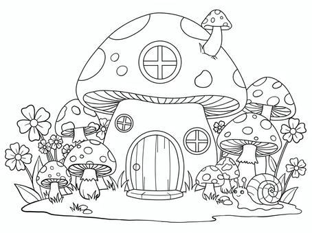 きのこの家2 植物,家,きのこ,カタツムリ,線画,塗り絵,こども向け,可愛い,花,ぬり絵のイラスト素材