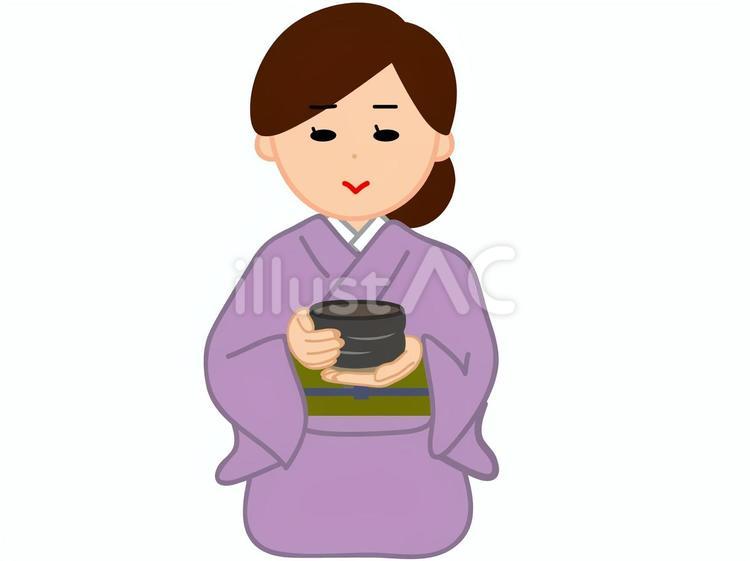 茶道　茶碗を持つ着物姿の女性　主線薄め 茶道,抹茶,茶碗のイラスト素材