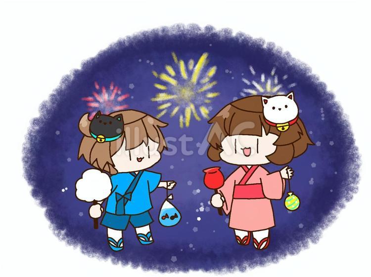 夏祭り　花火と浴衣と縁日を楽しむ 夏祭り,花火,浴衣のイラスト素材
