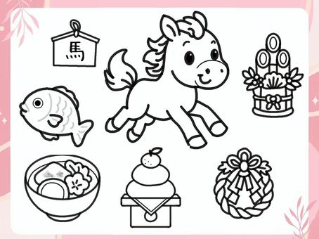 お正月　０２　ぬりえ ぬりえ,かわいい,お正月,馬,趣味のイラスト素材