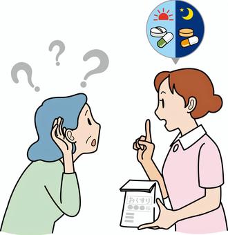 説明が聞き取れないシニア 説明が聞き取れないシニア 難聴,聴力低下,加齢,シニア,聞きとれない,看護師,薬剤師,説明,くすり,病院のイラスト素材