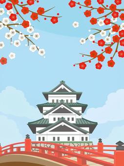 天守閣と梅の花の風景2 天守閣,橋,梅の花,冬,風景,和,日本,イラスト,背景,城のイラスト素材