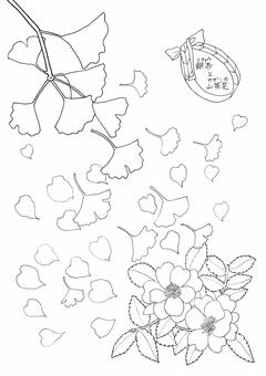 銀杏と山茶花の塗り絵／植物の名前入り 塗り絵,線画,イチョウ,サザンカ,花,紅葉,モノクロ,手描き,秋,11月のイラスト素材