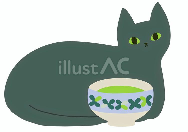 クロネコと抹茶の入った茶碗 猫,抹茶,かわいいのイラスト素材