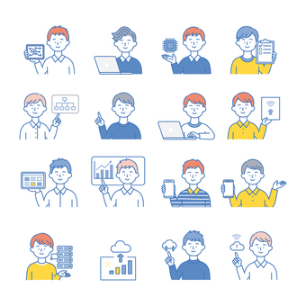 さまざまなIT職業男性のアイコンセット 人物,ビジネス,男性,パソコン,スマホ,作業,it,dx,テクノロジー,仕事のイラスト素材