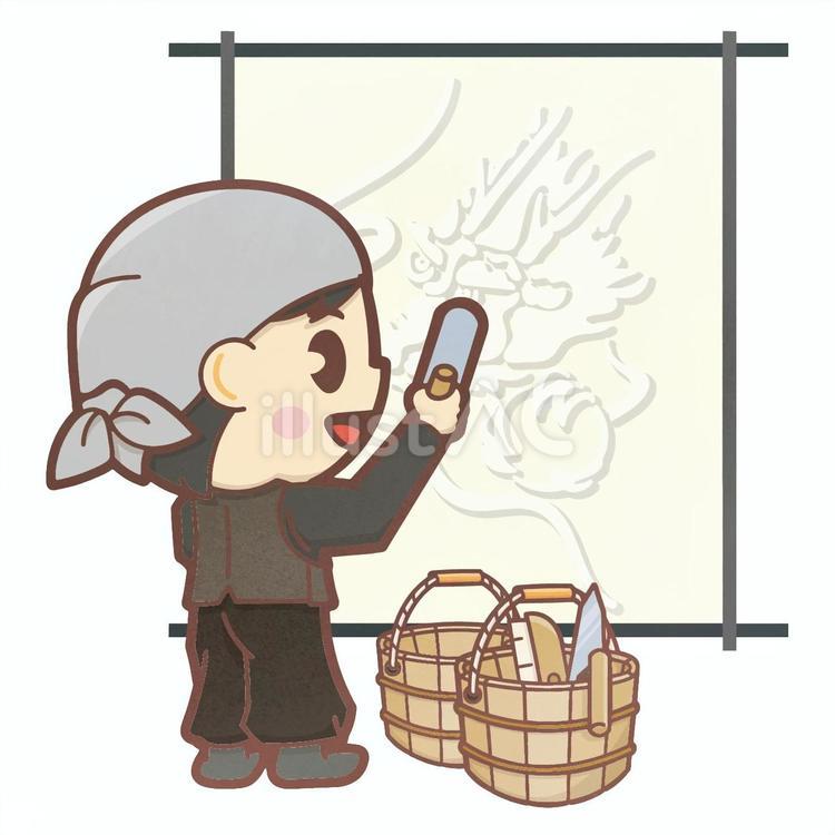 鏝絵を描く男性左官職人 男性,全身,デフォルメのイラスト素材
