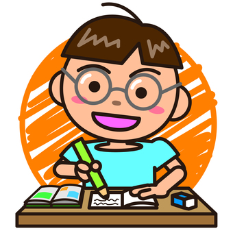 勉強_男の子_紙とえんぴつ 男の子,ノート,教科書,消しゴム,鉛筆,机,笑顔,宿題,授業,眼鏡のイラスト素材