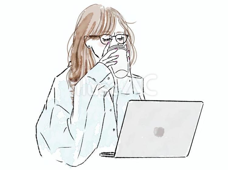 女性　眼鏡　PC　コーヒー　仕事　シャツ 女性,仕事,めがねのイラスト素材