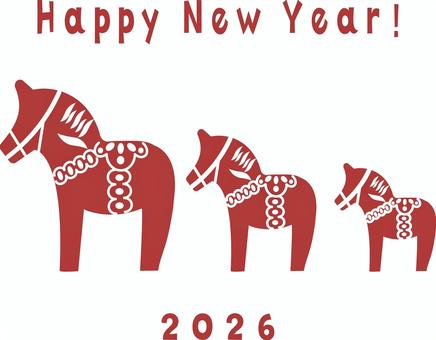 3匹の赤いダーラナホースのイラスト ダーラナホース,年賀状,干支,馬,北欧,ナチュラル,シンプル,赤,冬,正月のイラスト素材