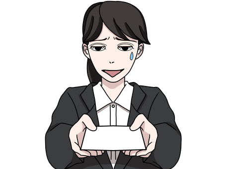 イヤイヤ名刺を差し出すスーツ姿の女性 名刺,名刺交換,スーツ,女性,ビジネスウーマン,営業,新人,会社員,社会人,苦手のイラスト素材