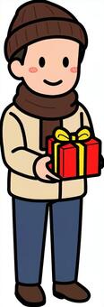 プレゼントを渡す茶色の男子です。 プレゼント,シンプル,渡す,ギフト,贈り物,シーン,祝う,イベント,パーティー,クリスマスのイラスト素材