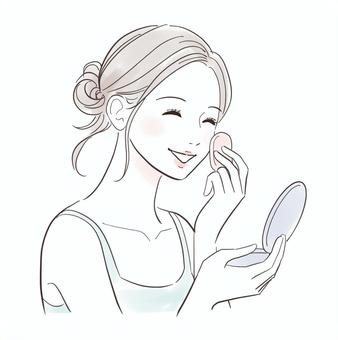 ファンデーションを塗って微笑む女性 人物,女性,美容,スキンケア,肌,ケア,保湿,保水,笑顔,潤いのイラスト素材