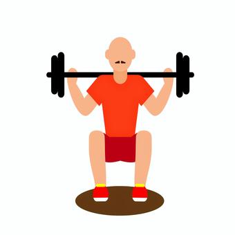 ウェイトリフティング 014 スクワット,トレーニング,筋トレ,運動,男性,エクササイズ,フィットネス,オレンジのシャツ,ショートパンツ,しゃがむのイラスト素材