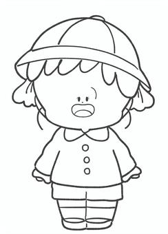 制服姿の女の子の白黒手描きイラスト 制服,幼稚園児,子ども,手描き,かわいい,全身,園児,幼児,幼稚園,保育園のイラスト素材