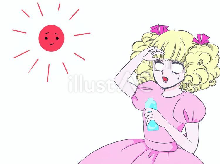 少女漫画風のお嬢様と夏の日差し2 熱中症,めまい,脱水のイラスト素材