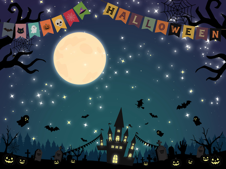 星空のハロウィン背景　パーティー仕様 ハロウィン,背景,かぼちゃ,手描き,城,おばけ,シルエット,halloween,魔女,文字のイラスト素材