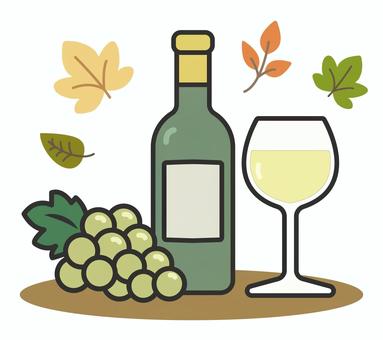 秋の味覚〜白ワインと葡萄のイラストセット ワイン,ワイングラス,秋,ワインボトル,ぶどう,房,紅葉,葉,瓶,ボジョレーヌーボーのイラスト素材