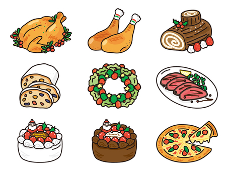 豪華なクリスマスメニューセット ローストターキー,turkey,七面鳥,丸焼き,肉,肉料理,チキン,ローストチキン,ブッシュドノエル,シュトーレンのイラスト素材