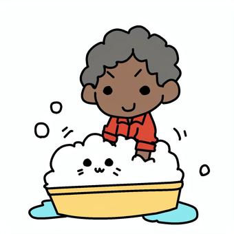猫を洗うアフロ男性 アフロ,猫,洗う,キレイ,洗浄,泡,たらい,桶,バケツ,ペットのイラスト素材