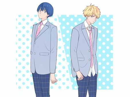 正反対 人物,男性,男子,生徒,男の子,高校生,中学生,制服,ブレザー,着崩すのイラスト素材