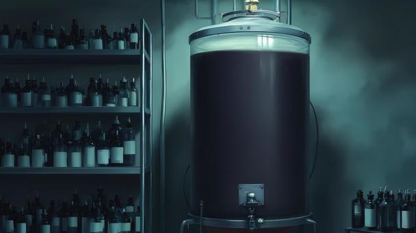 A room with a large tank and many bottles, indoor, warehouse, aquarium, JPG
