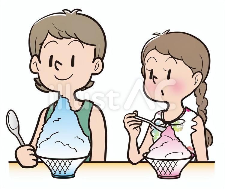 かき氷を食べる兄妹 かき氷,夏,7月のイラスト素材