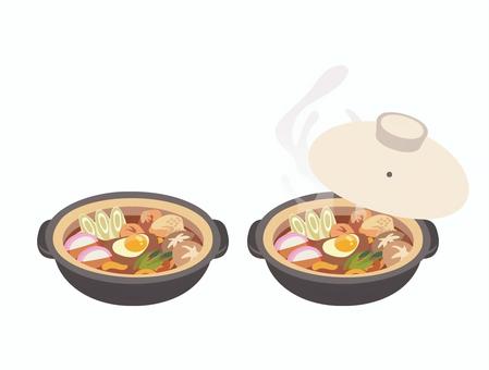 味噌煮込みうどん うどん,味噌,土鍋,鶏肉,ネギ,卵,しいたけ,かまぼこ,食べ物,料理のイラスト素材