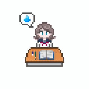 ドット絵の女子高生 吹き出し 涙 ドット絵,ピクセル,勉強,机,着席,授業,板書,筆記用具,ノート,ペンのイラスト素材