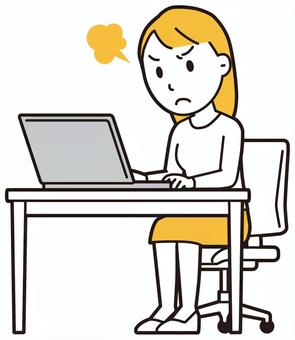  ロングヘア女性(黄)-512-全身 パソコン,怒る,女性,女の子,人物,かわいい,怒り,キレる,ムカつく,喧嘩のイラスト素材