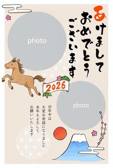 手描きイラストのフォト年賀状4縦2026 年賀状,テンプレート,フォトフレーム,写真枠,2026,正月,午,馬,鶴,亀のイラスト素材